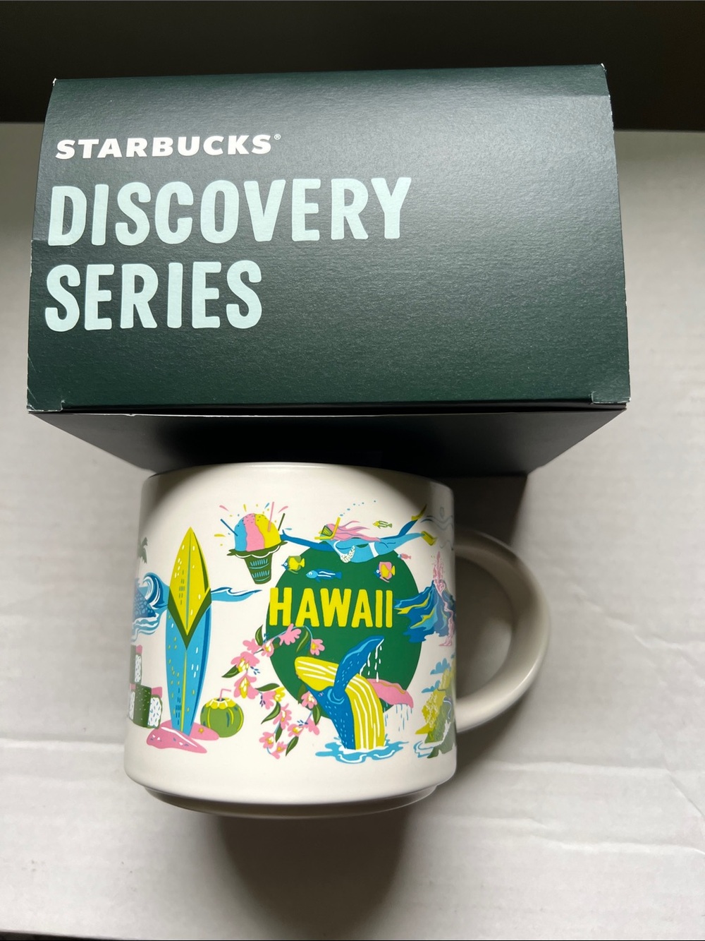 Starbucks Hawaii White Mug with Green, Blue, Yellow, Pink Accents